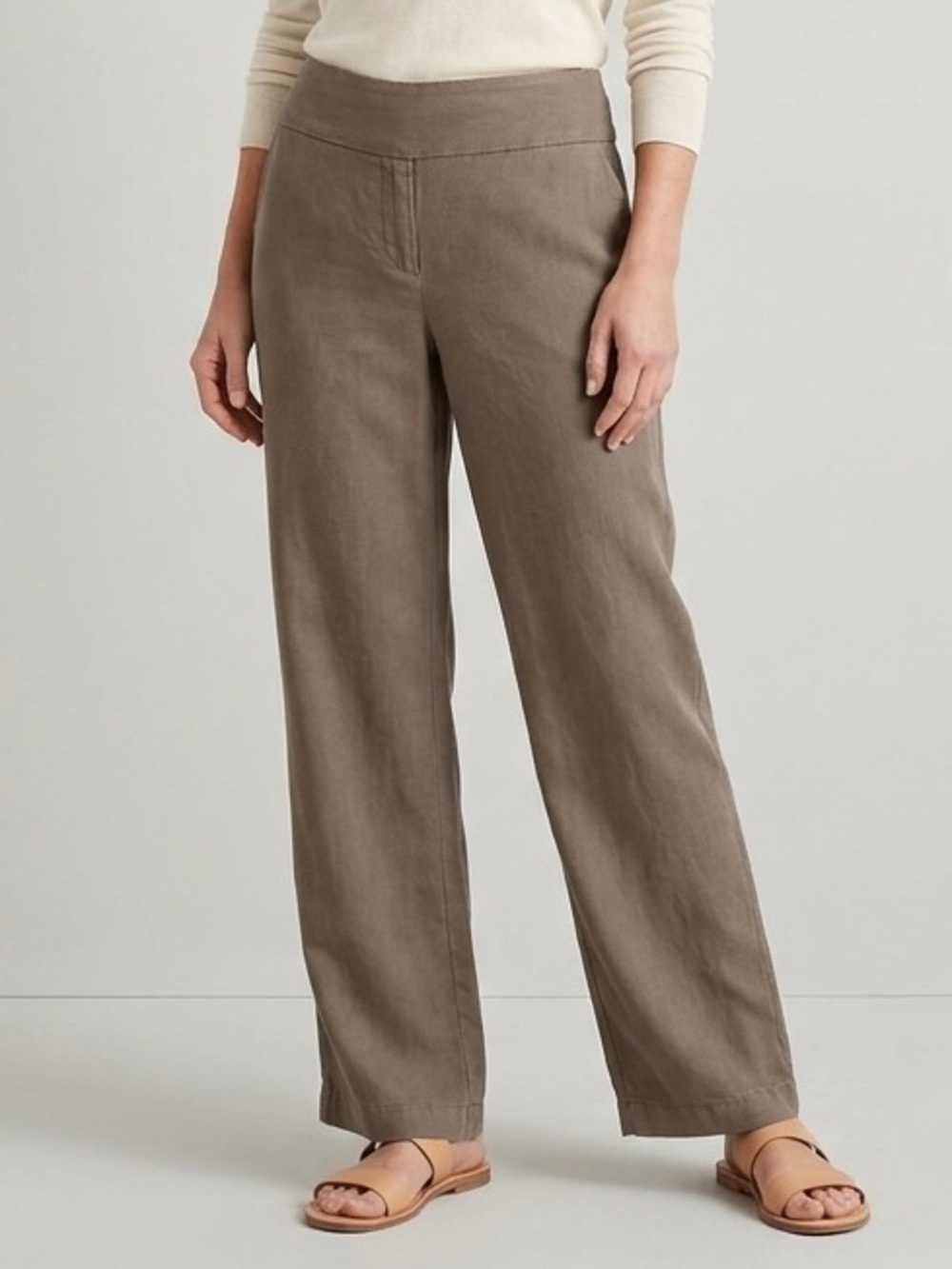 Eileen Fisher Brown Lyocell Linen Blend Straight Leg Trouser w/ Yoke - 10